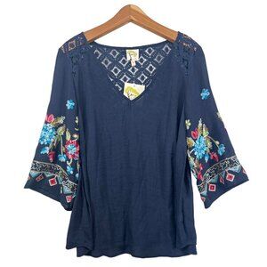 Fig and Flower Womens Top 1X Plus Tunic Navy Blue Embroidered Boho Festival NEW